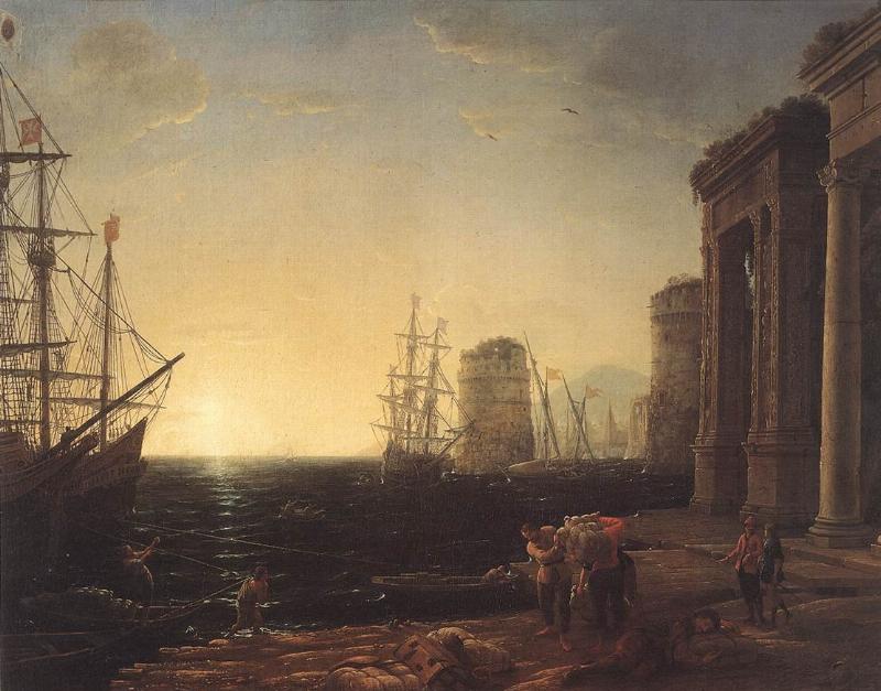 Tableaux 17ème siècle : Vue d’un port de mer au soleil couchant par Claude Lorrain, paysage idéal